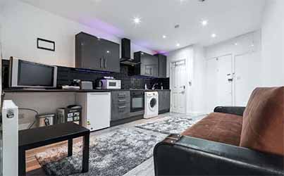 Living Hall with kitchen at Whitechapel Grand Serviced apartment in London